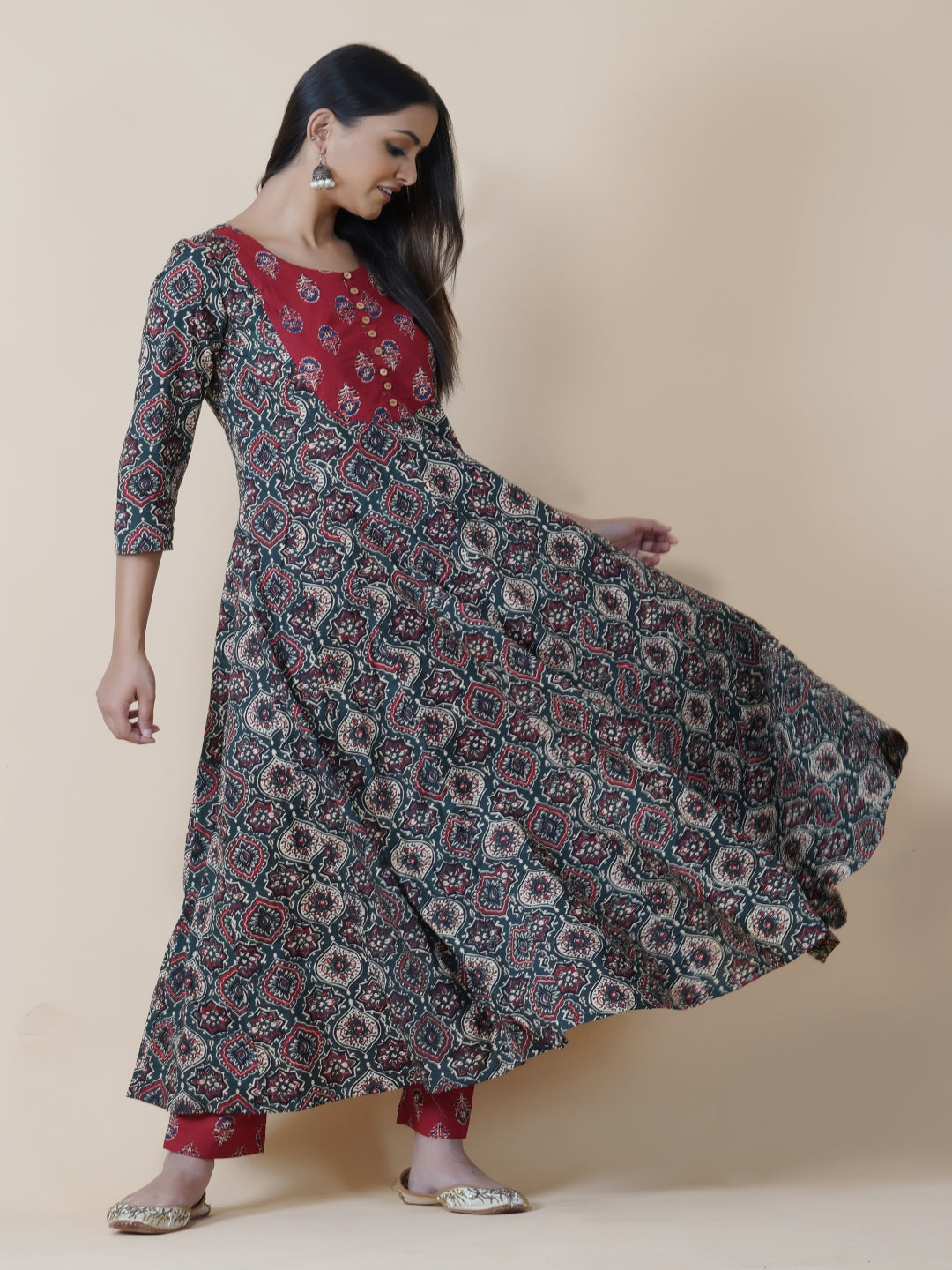 Green Ajrakh Print Anarkali Kurta Only