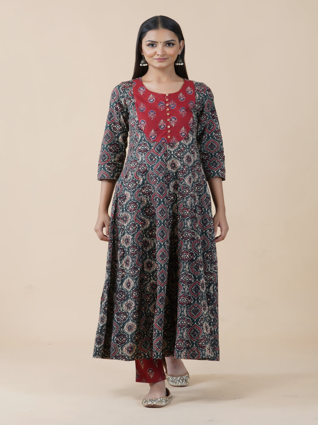 Green Ajrakh Print Anarkali Kurta Only