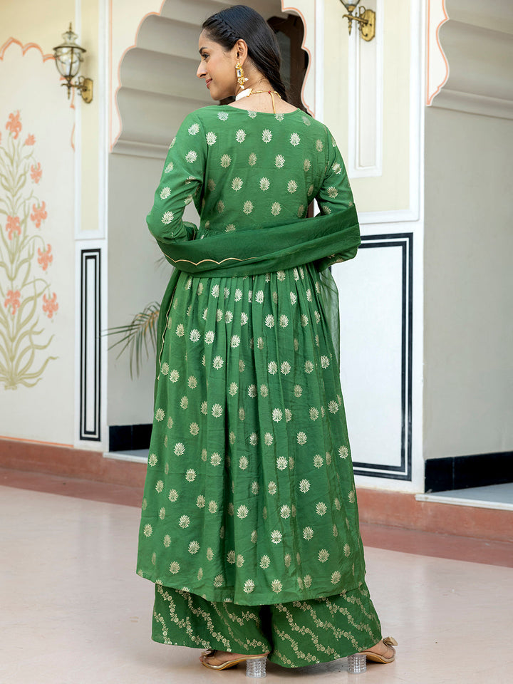 Green Brocade Foil Print Angrakha Kurta Suit Set