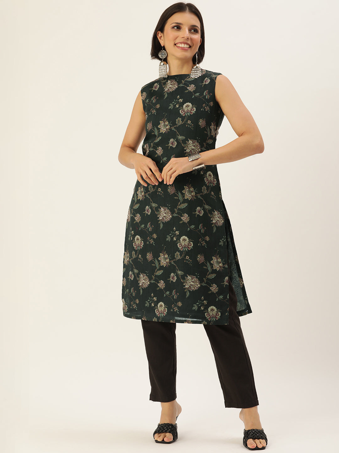 Green-Chanderi-Modal-Satin-Knee-Length-Kurti