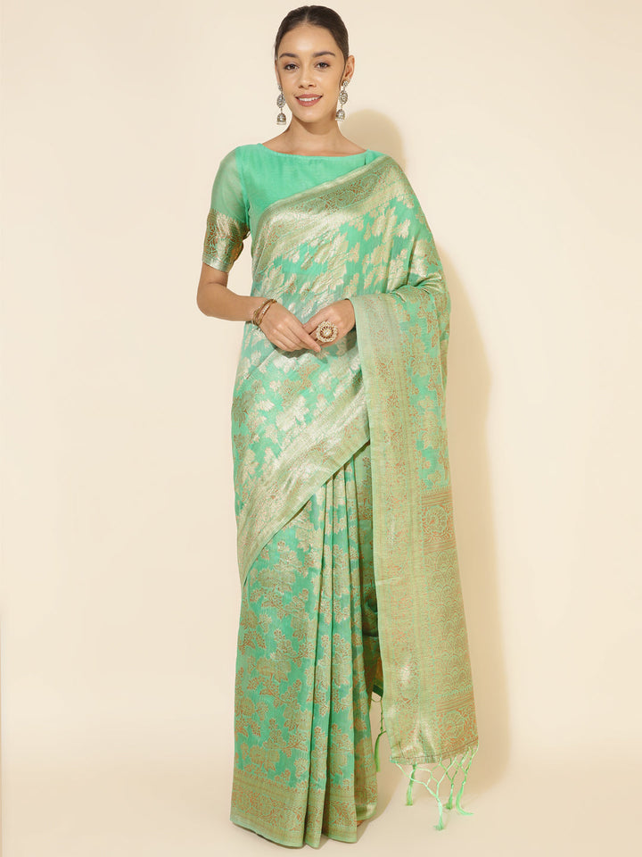 Green Chanderi Silk Floral Woven Design Festive Saree