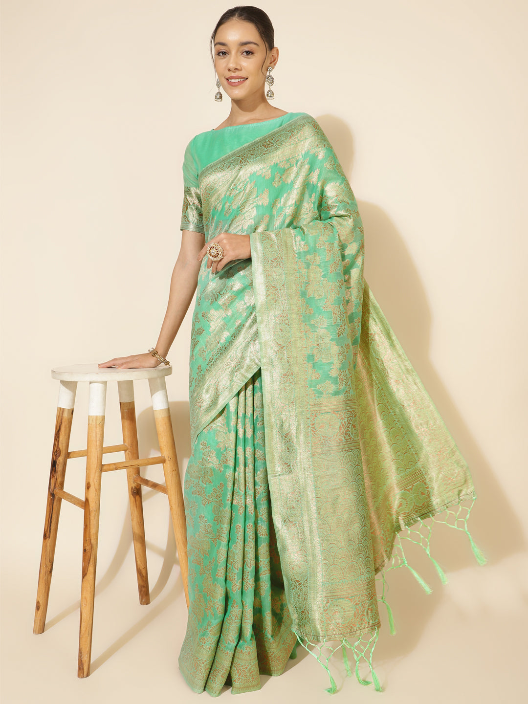 Green Chanderi Silk Floral Woven Design Festive Saree