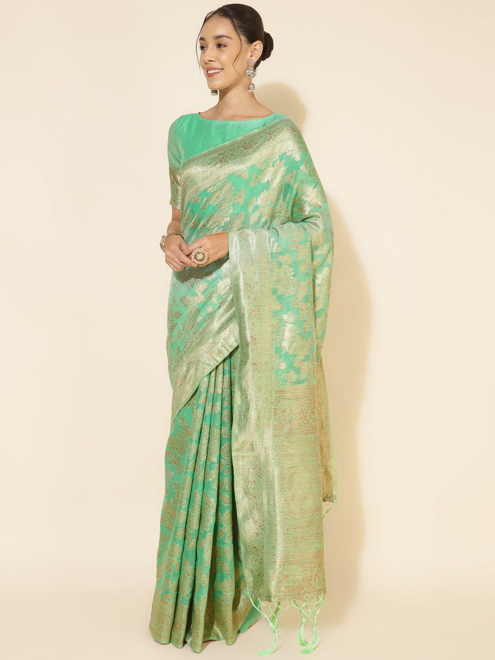 Green Chanderi Silk Floral Woven Design Festive Saree