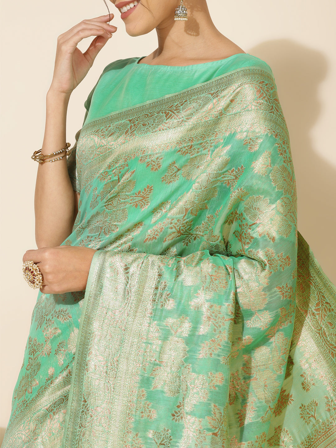 Green Chanderi Silk Floral Woven Design Festive Saree