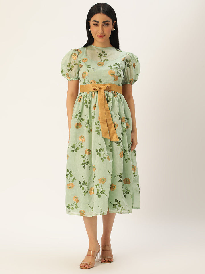 Green Chanderi Silk Puff Sleeve Dress with Golden Belt