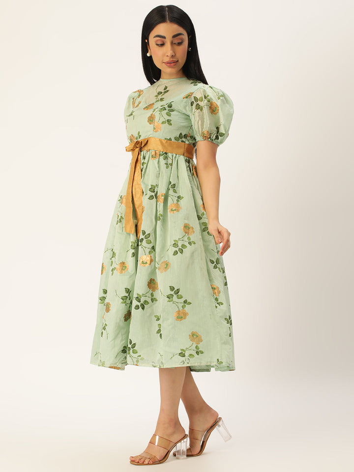 Green Chanderi Silk Puff Sleeve Dress with Golden Belt