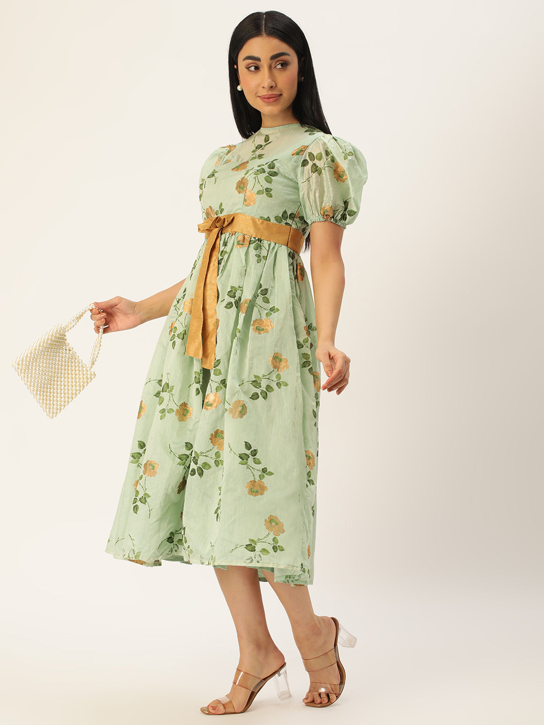 Green Chanderi Silk Puff Sleeve Dress with Golden Belt