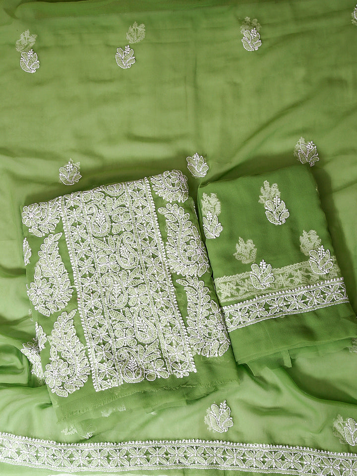 Green Chikankari Unstitched Dress Material