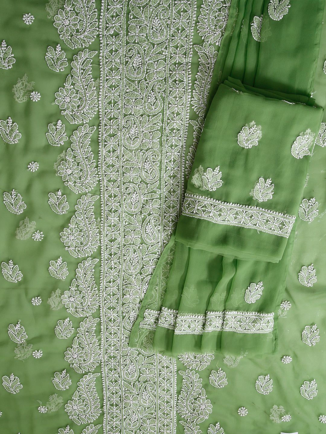 Green Chikankari Unstitched Dress Material