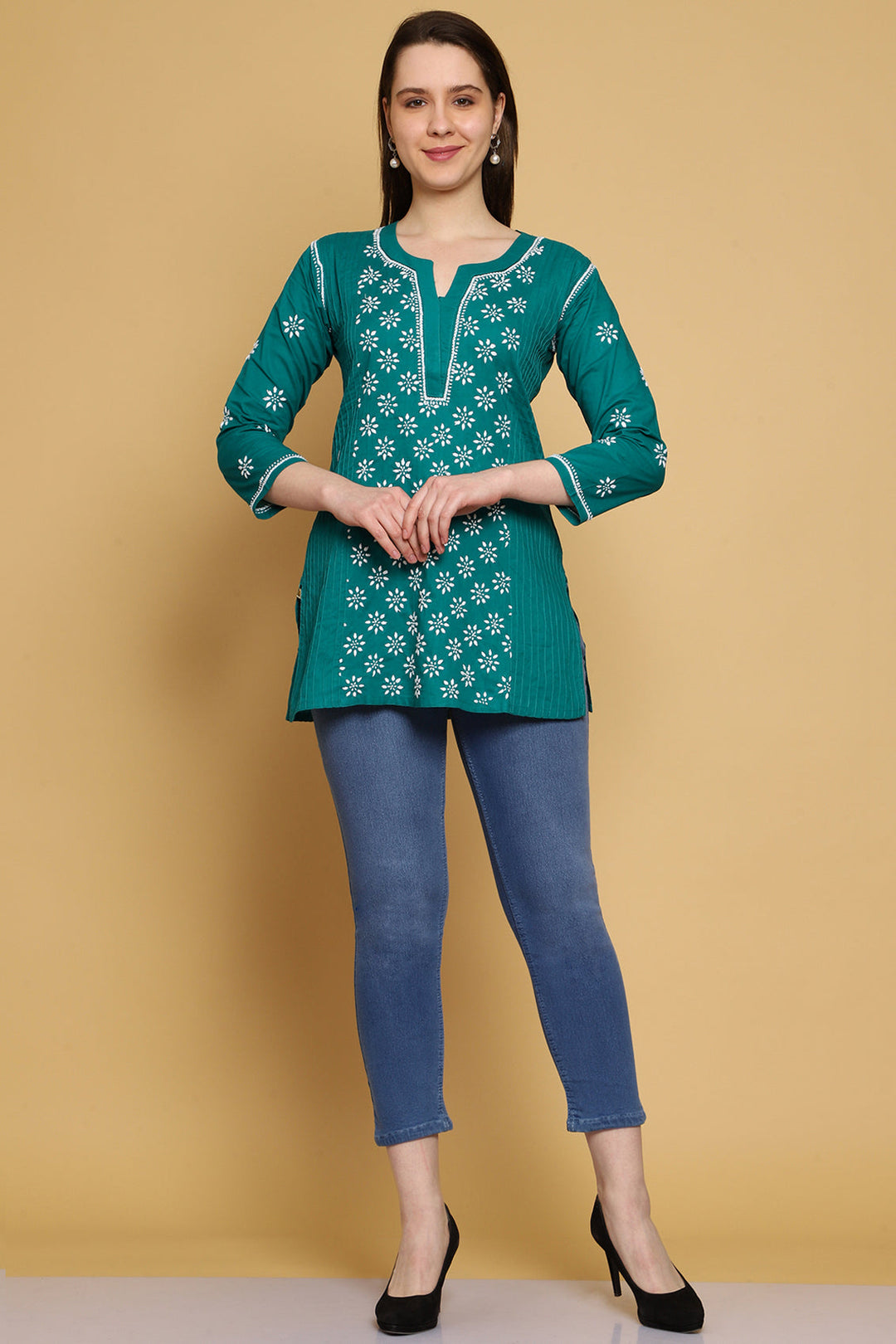 Green Cotton Floral Embroidered Chikankari Side-Pleat Tunic Top