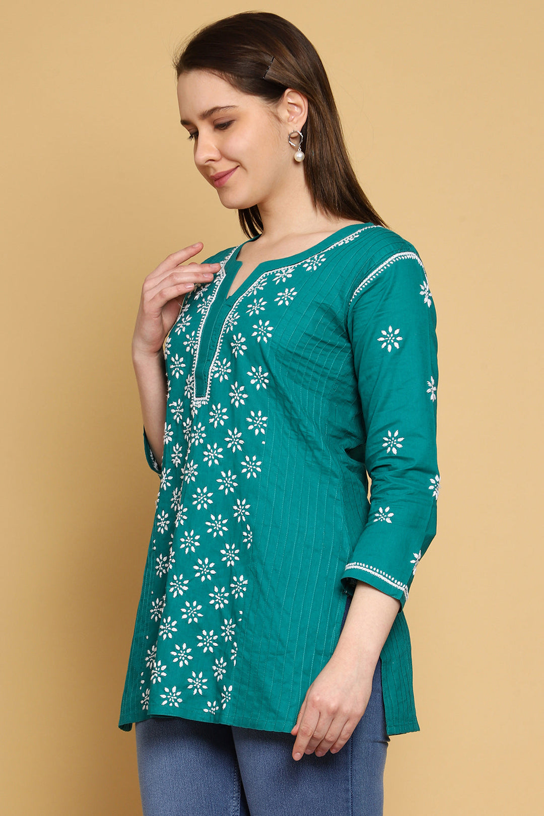 Green Cotton Floral Embroidered Chikankari Side-Pleat Tunic Top