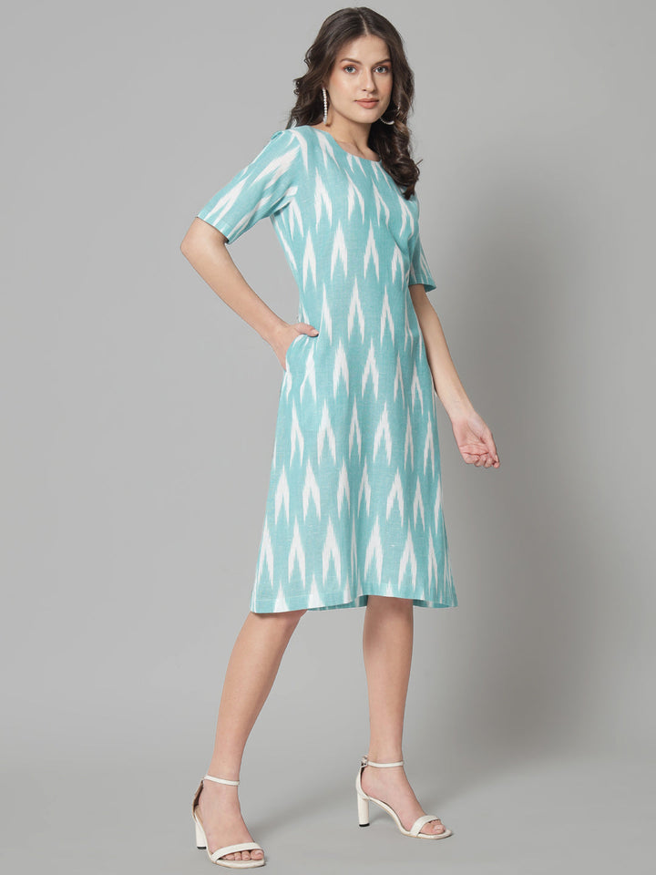 Green Cotton Ikat Print Dress