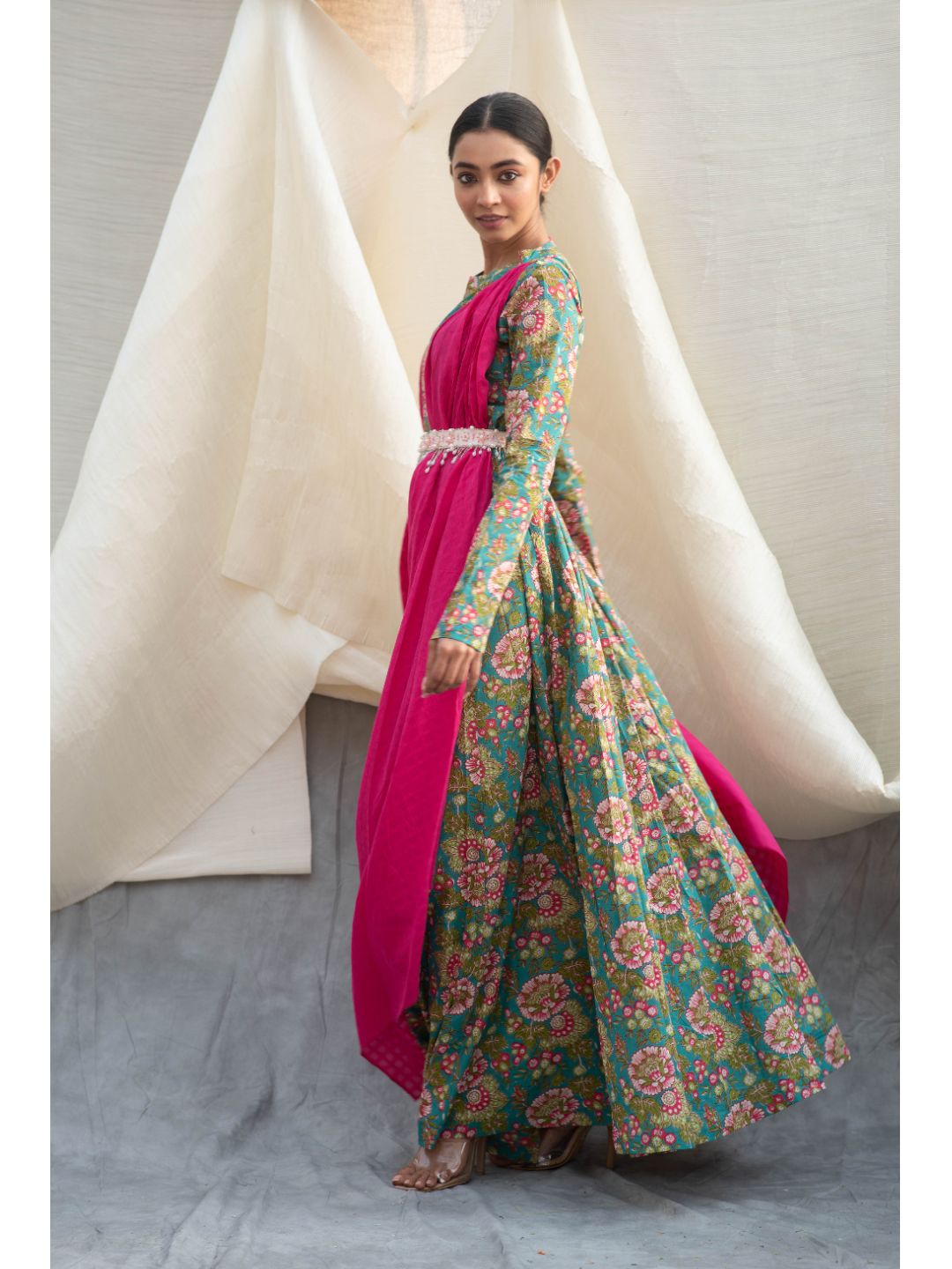 Green-Cotton-Long-Dress-With-Flared-Dupatta
