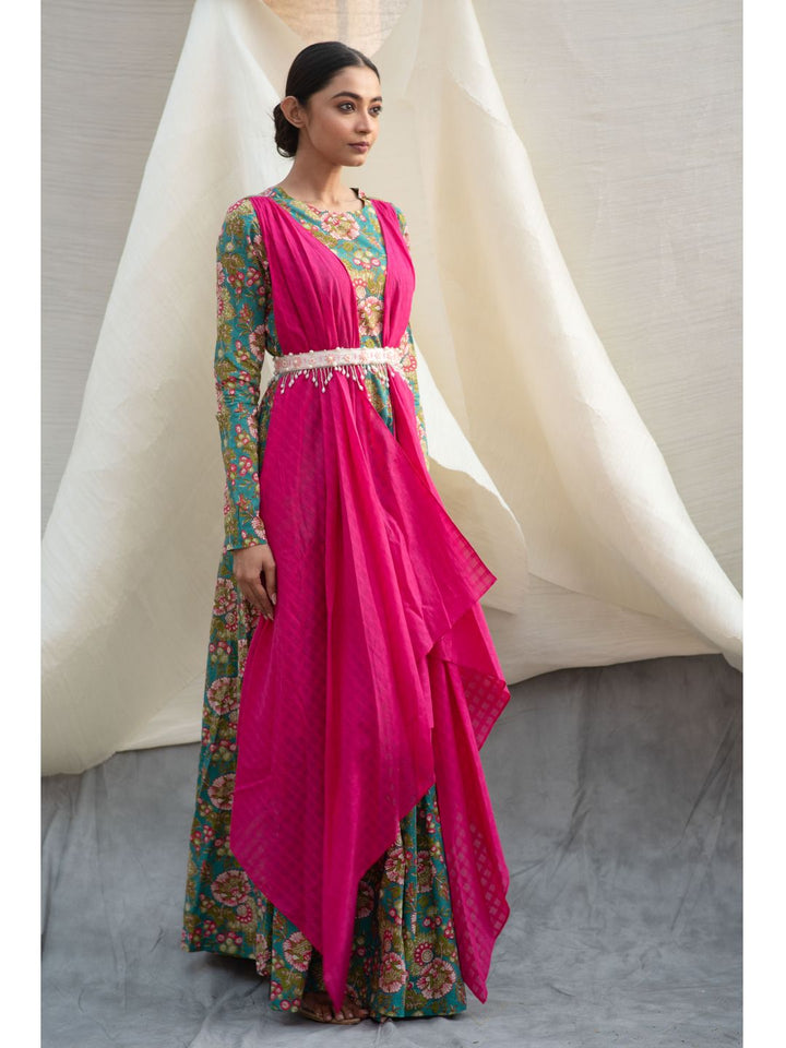 Green-Cotton-Long-Dress-With-Flared-Dupatta