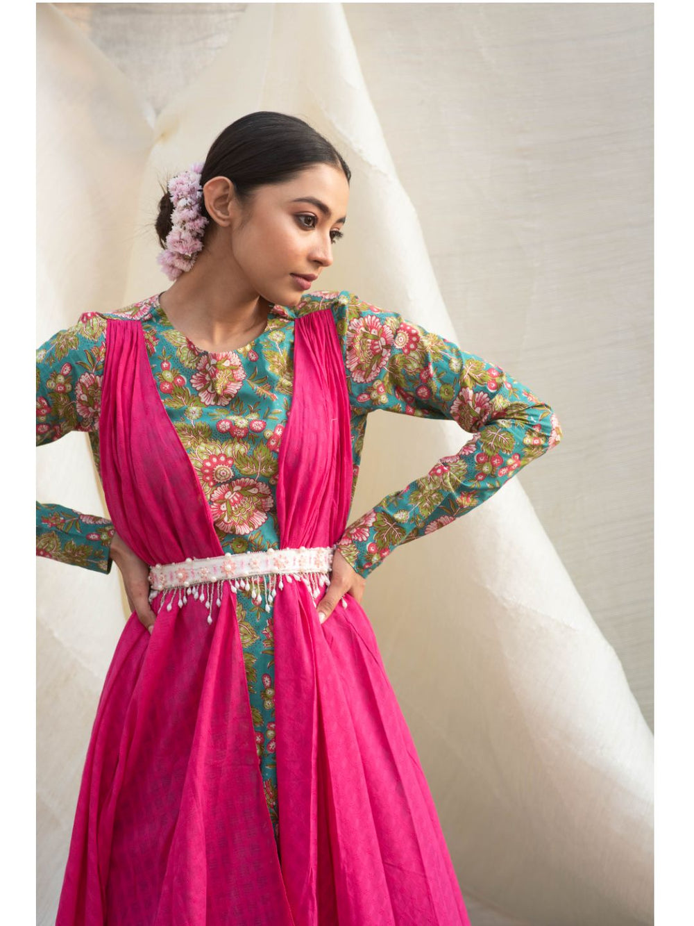 Green-Cotton-Long-Dress-With-Flared-Dupatta