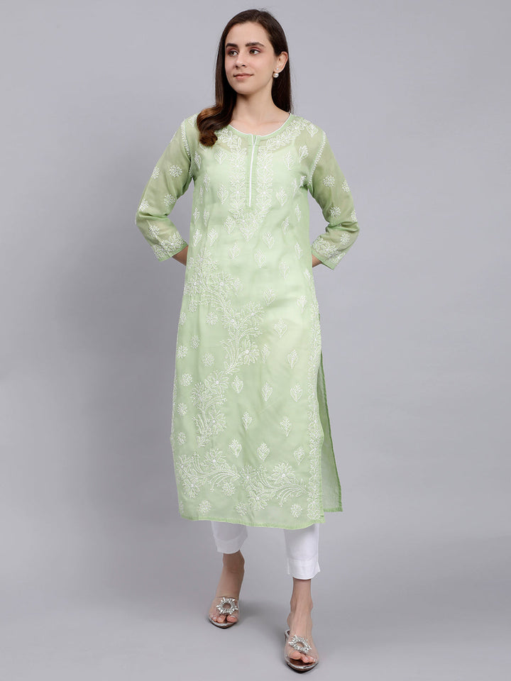 Green Cotton Lucknowi Chikankari Embroidered Kurti