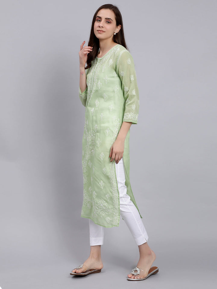 Green Cotton Lucknowi Chikankari Embroidered Kurti