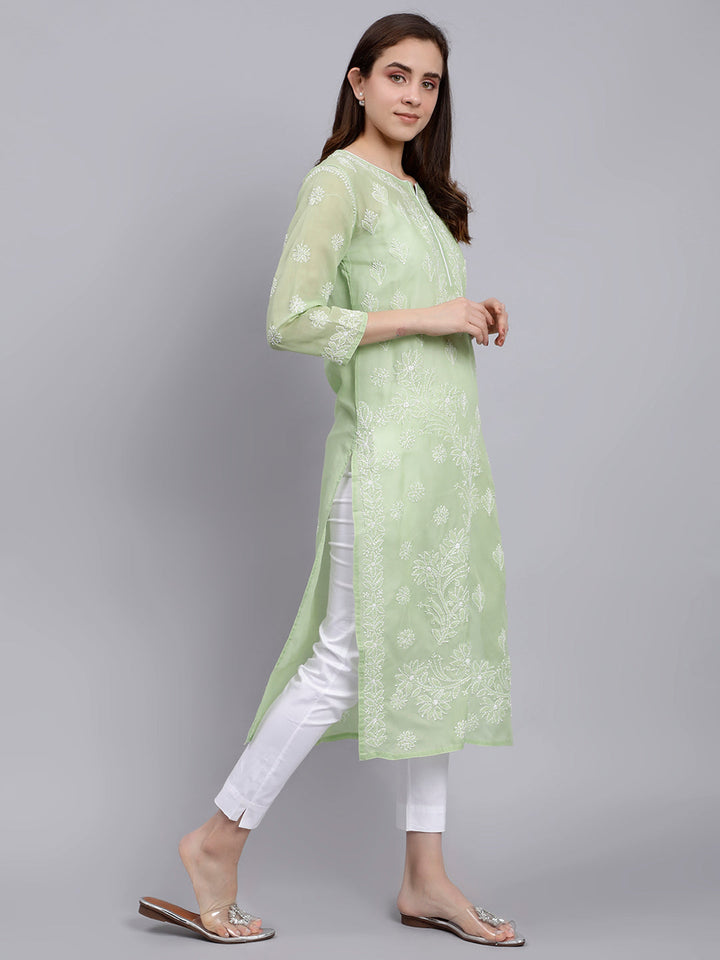 Green Cotton Lucknowi Chikankari Embroidered Kurti