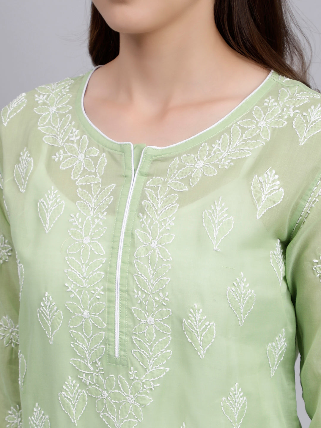 Green Cotton Lucknowi Chikankari Embroidered Kurti