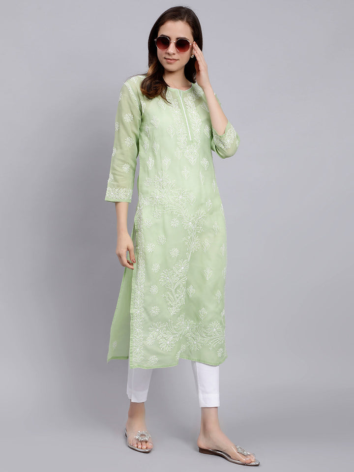 Green Cotton Lucknowi Chikankari Embroidered Kurti