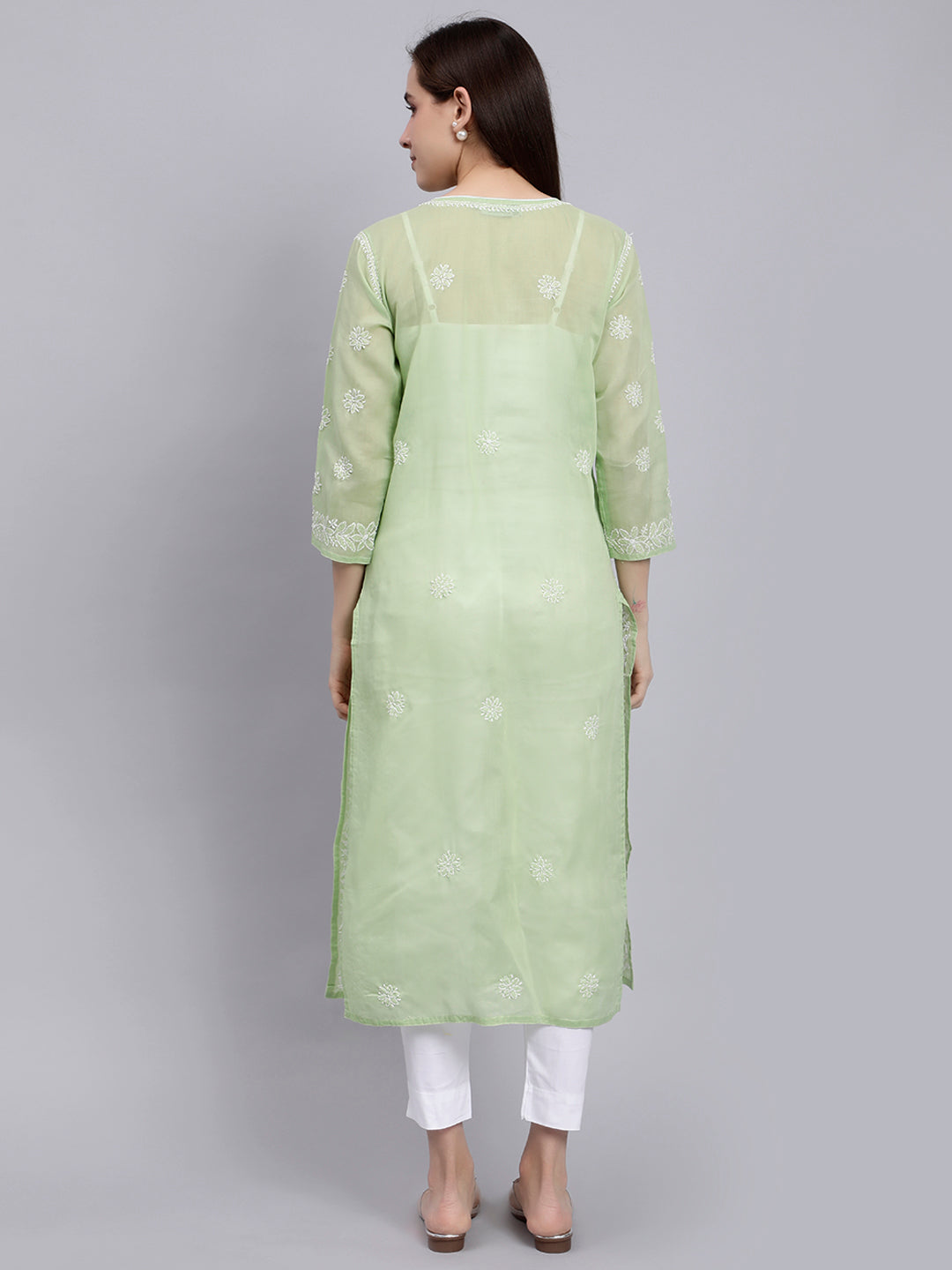 Green Cotton Lucknowi Chikankari Embroidered Kurti