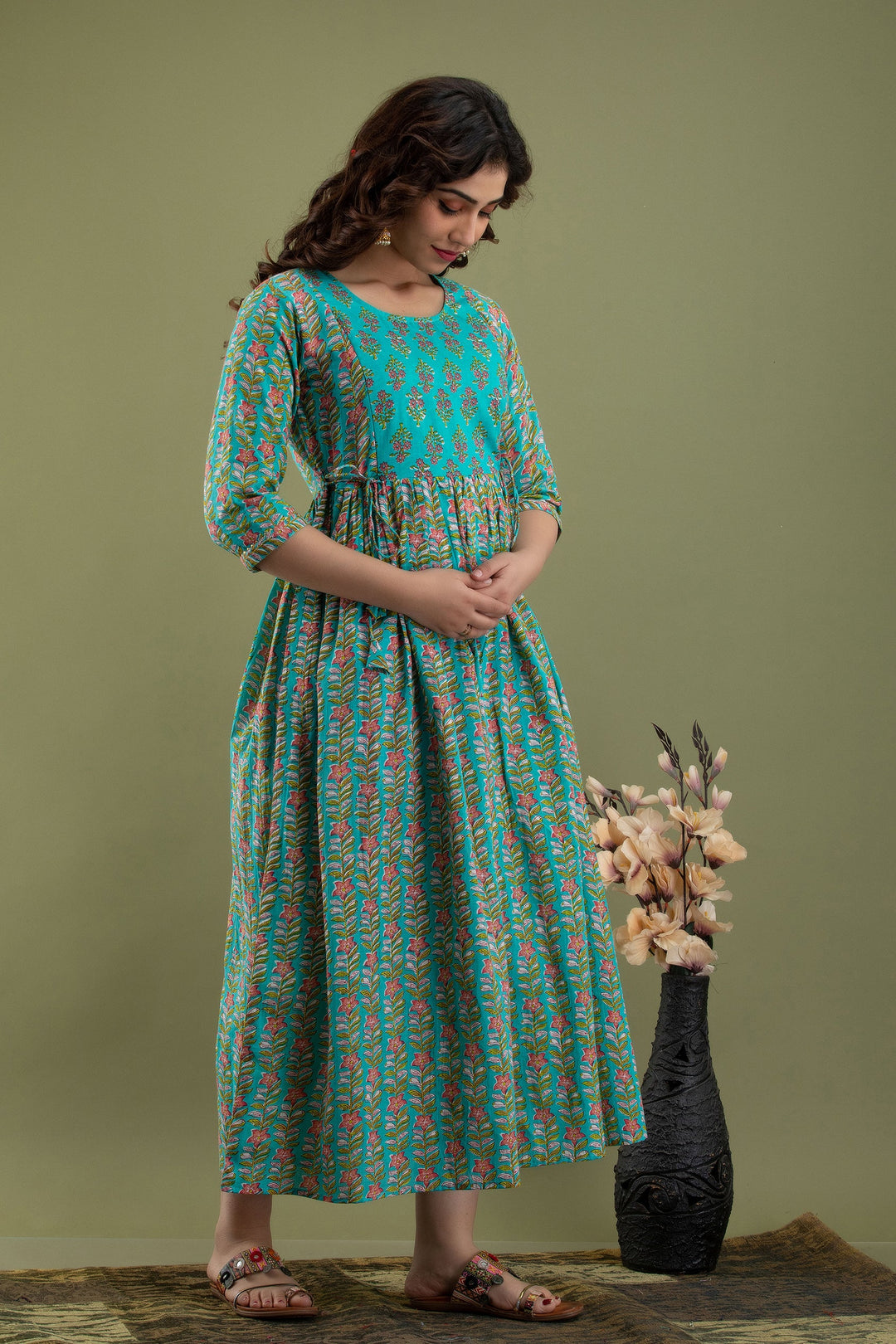 Green-Cotton-Maternity-Baby-Feeding-Dress