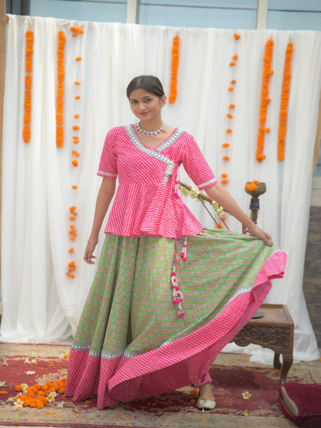 Pink-and-Green-Cotton-Angrakha-Skirt-Set