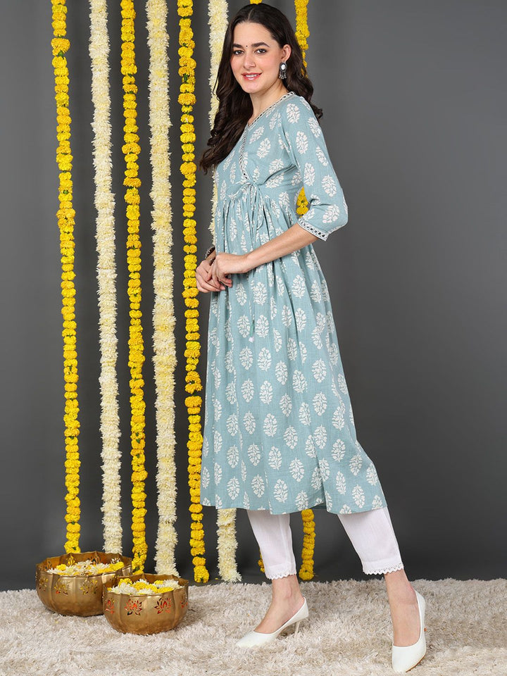 ZERESOUQ-Green-Cotton-V-Neck-Anarkali-Kurta