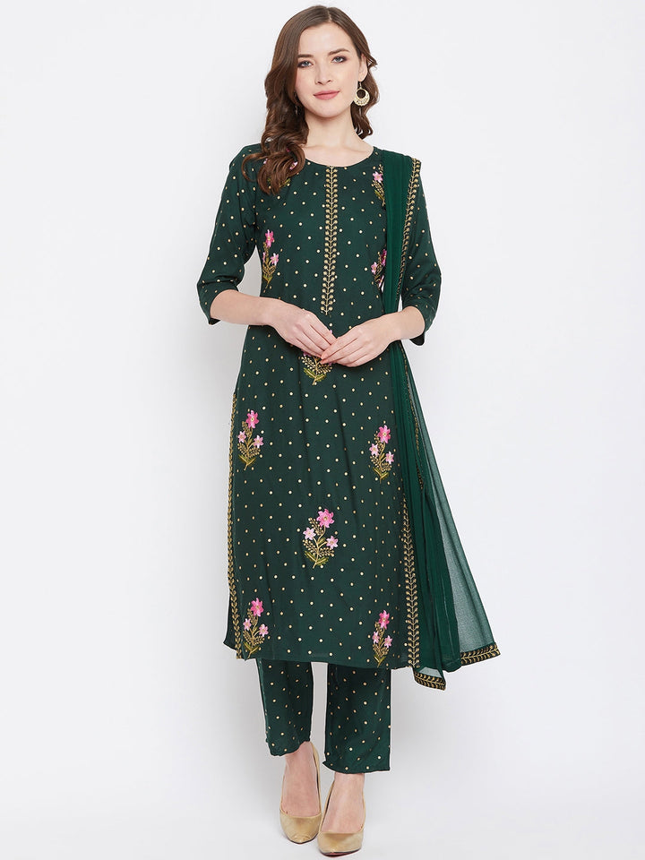 Green Embroidered Kurta With Trousers Dupatta