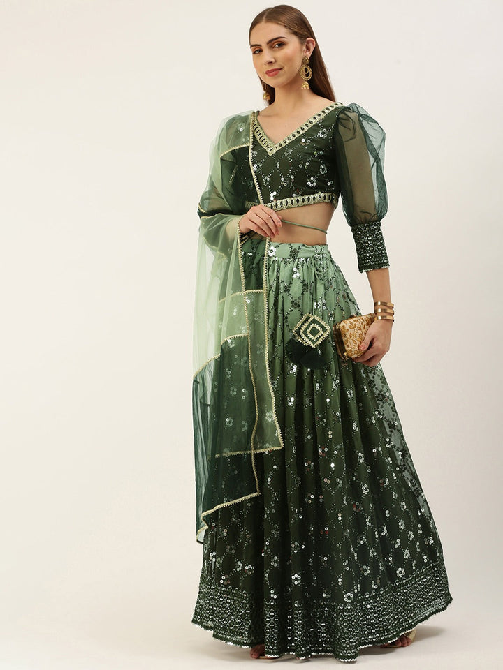 Green Embroidered Ombre Embellished Lehenga Set