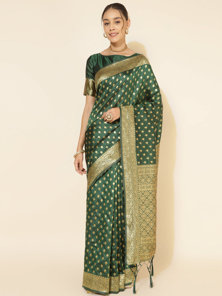 Green Ethnic Motifs Woven Design Banarasi Silk Festive Saree
