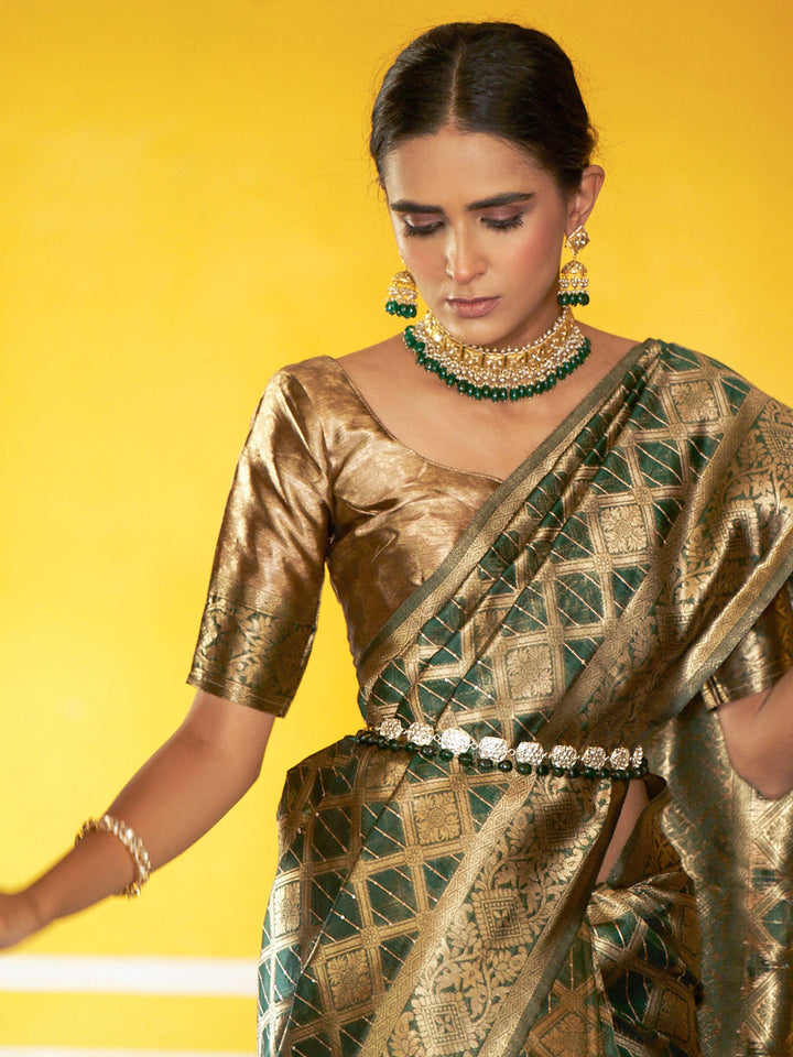 Green Ethnic Woven Motifs Kanjeevaram Organza Royal Saree