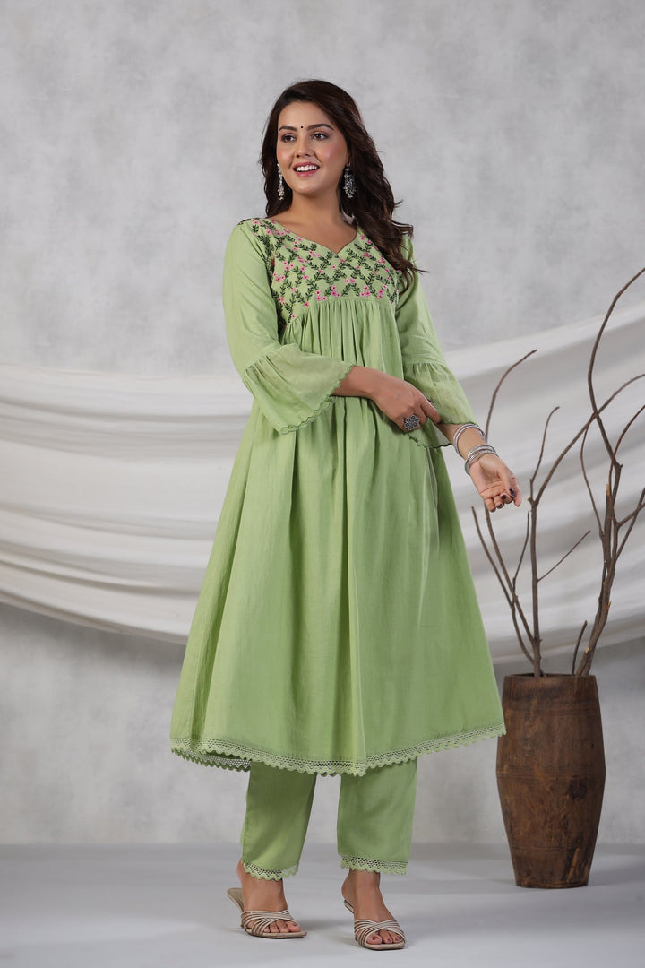 Green Floral Embroidered Cotton Kurta Set