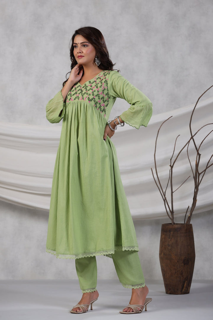 Green Floral Embroidered Cotton Kurta Set