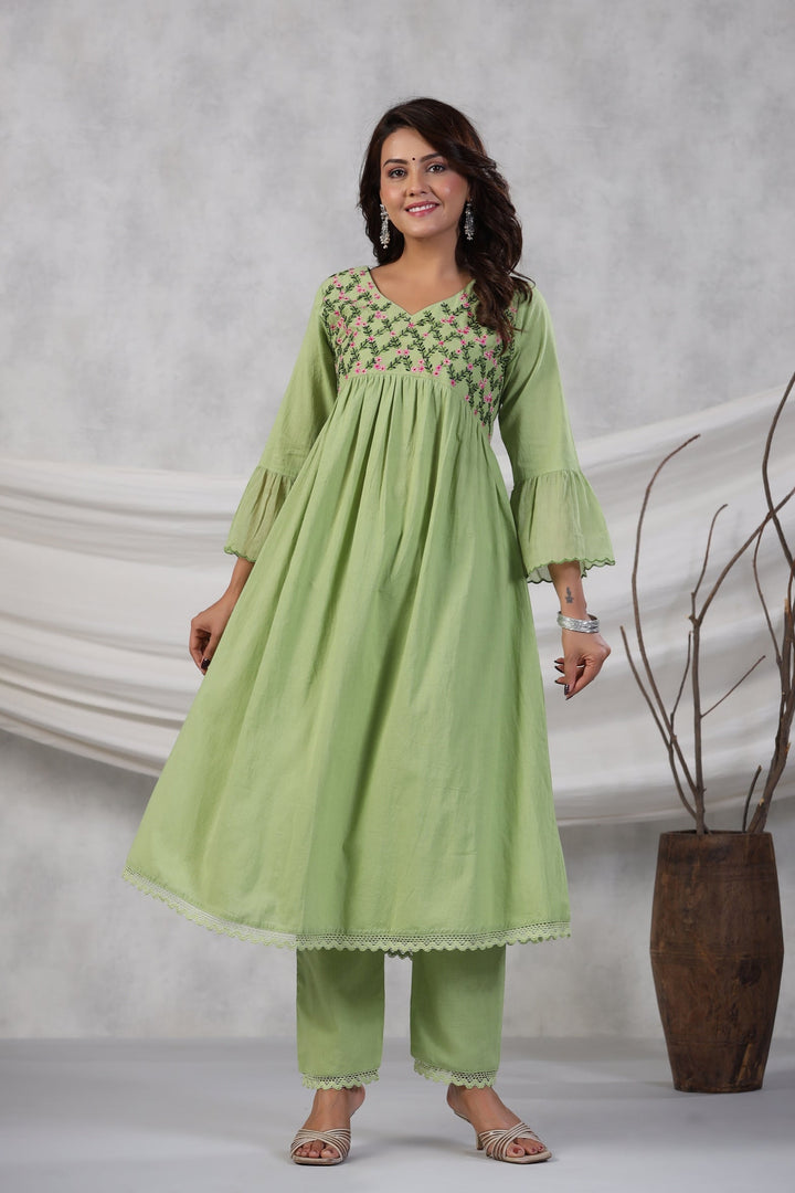 Green Floral Embroidered Cotton Kurta Set