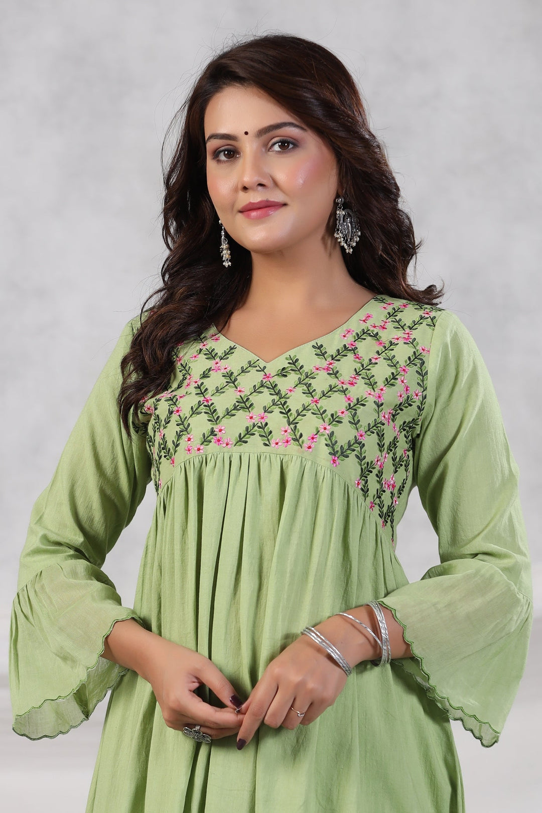 Green Floral Embroidered Cotton Kurta Set