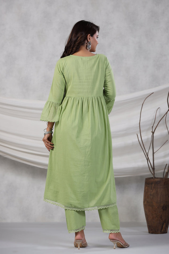 Green Floral Embroidered Cotton Kurta Set