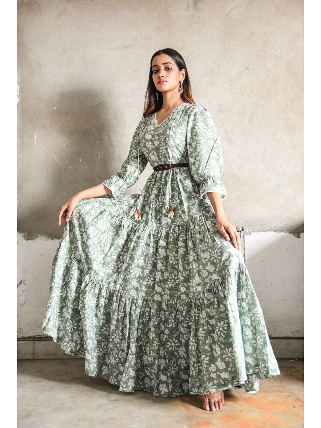 Green-Floral-Printed-Long-Dress