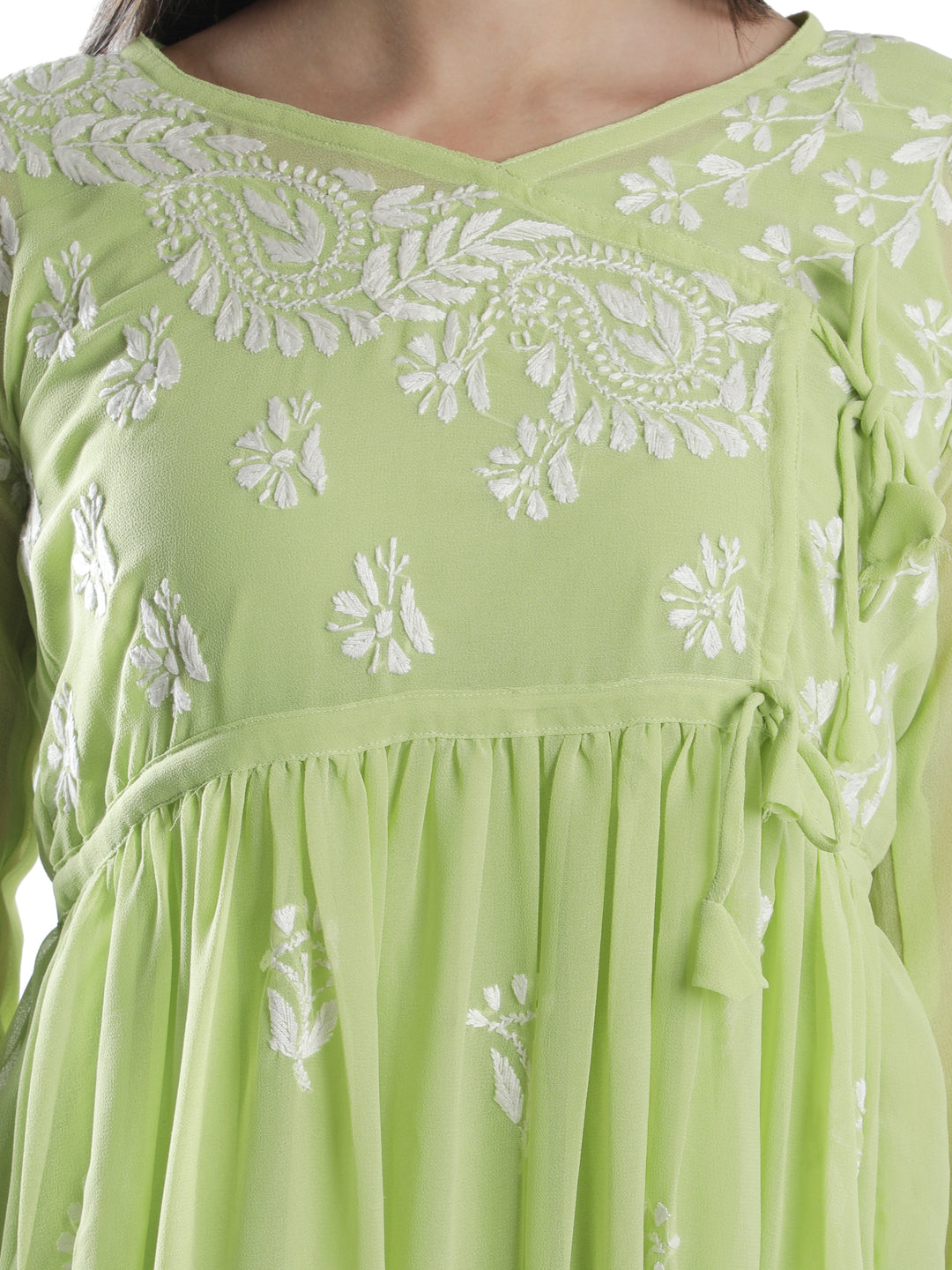 Green Georgette Angarkha Chikankari Tunic Top With Slip