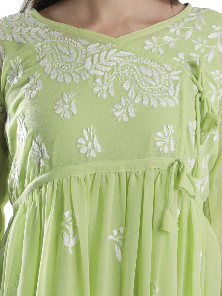 Green Georgette Angarkha Chikankari Tunic Top With Slip