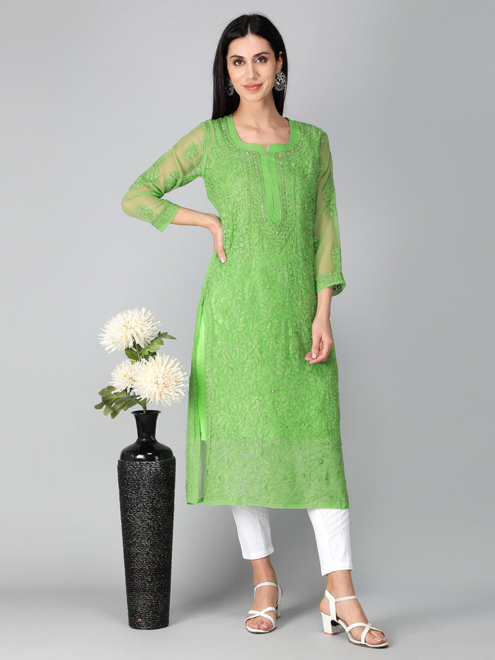 Green-Georgette-Chikankari-Kurta-with-Slip