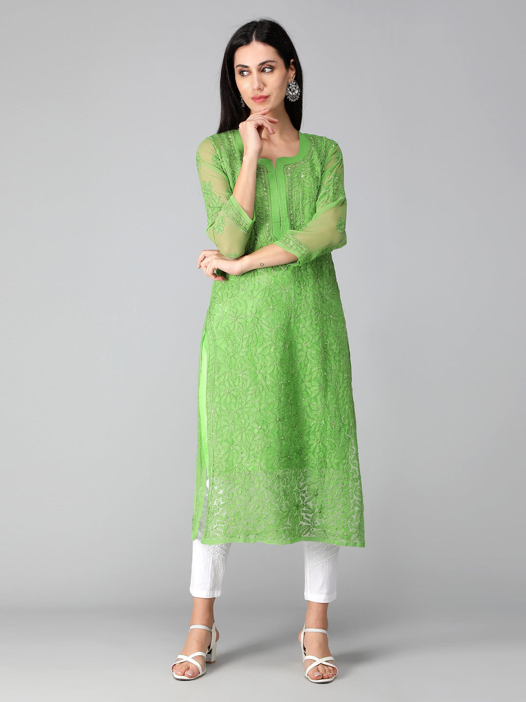 Green-Georgette-Chikankari-Kurta-with-Slip