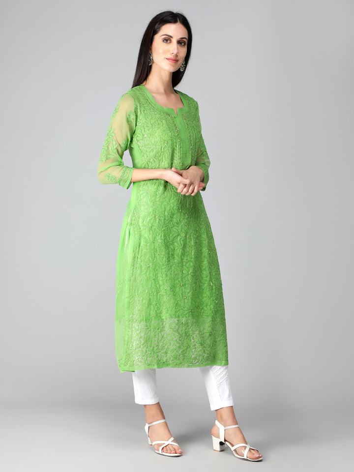Green-Georgette-Chikankari-Kurta-with-Slip
