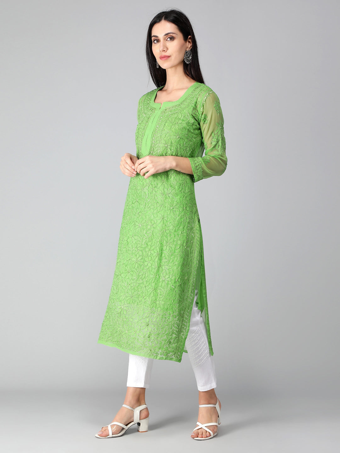 Green-Georgette-Chikankari-Kurta-with-Slip