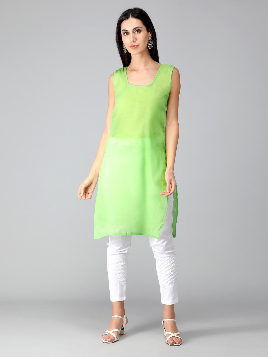 Green-Georgette-Chikankari-Kurta-with-Slip