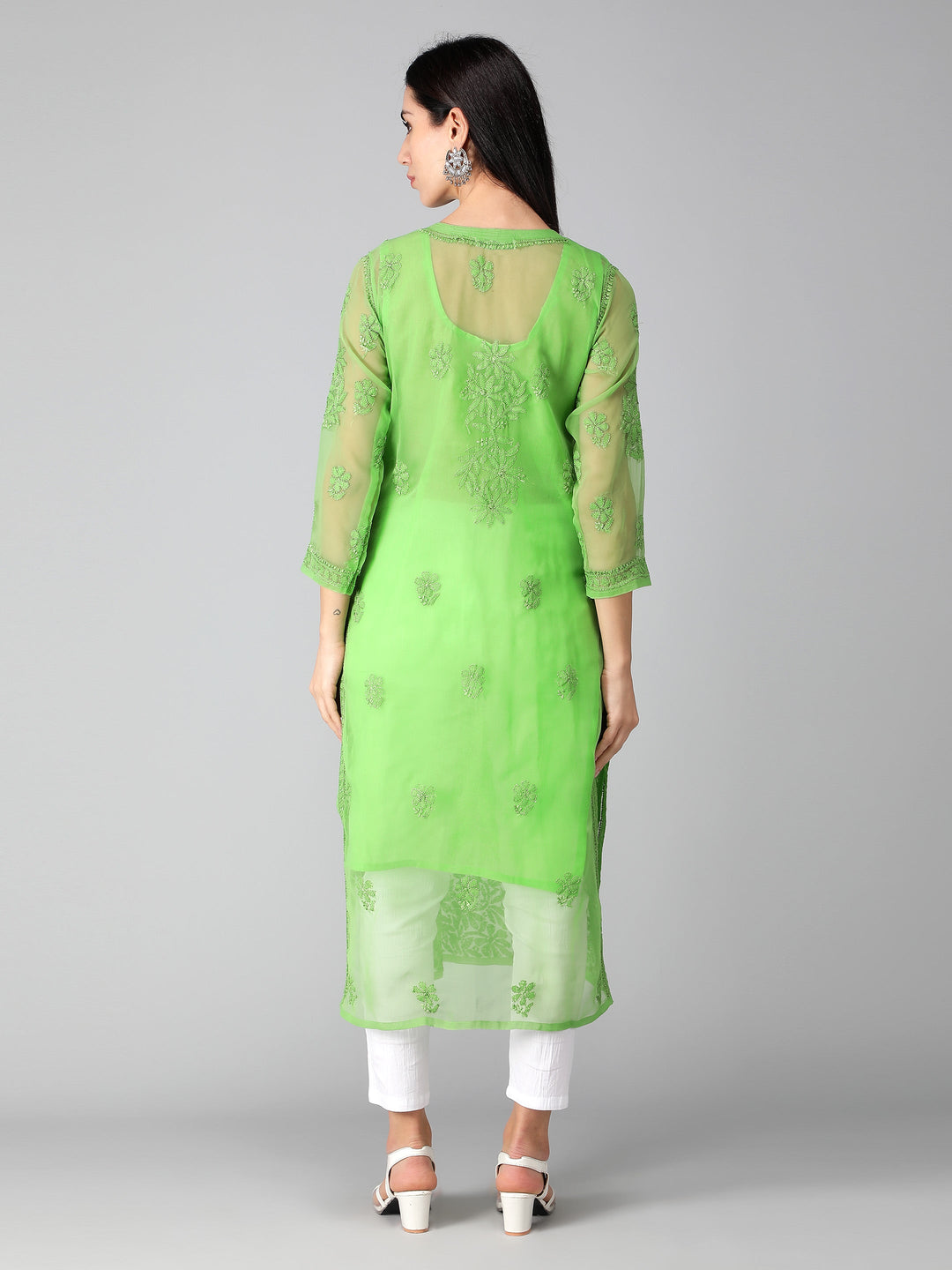 Green-Georgette-Chikankari-Kurta-with-Slip