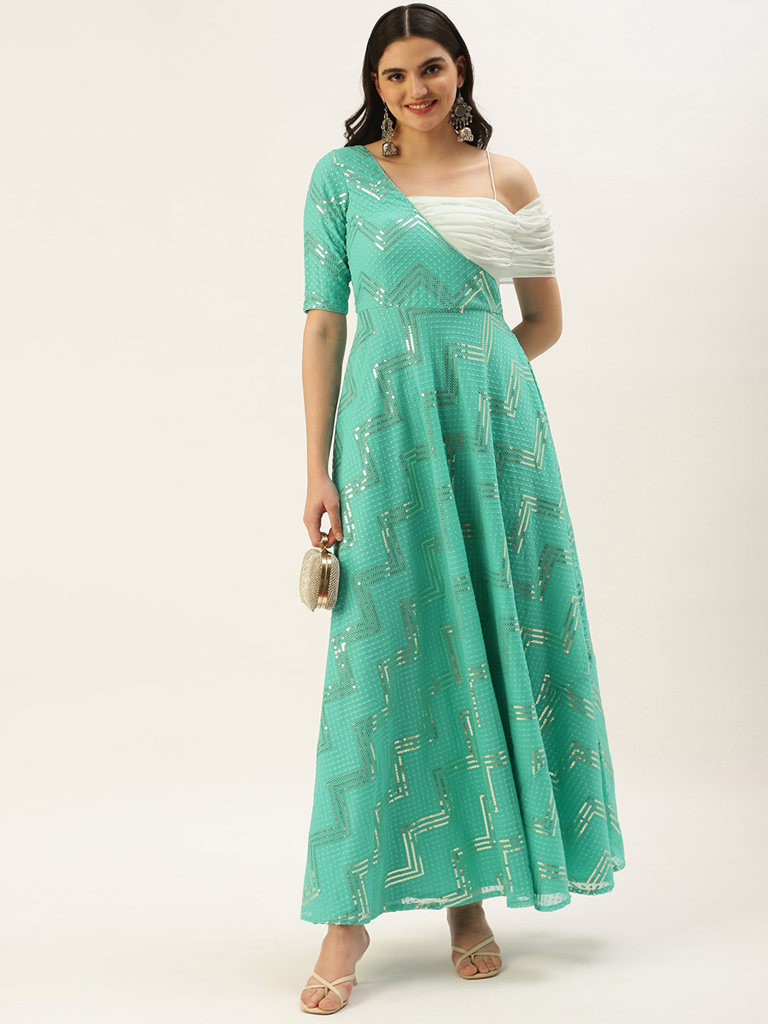 Green-Georgette-Embroidered-One-Shoulder-Gown