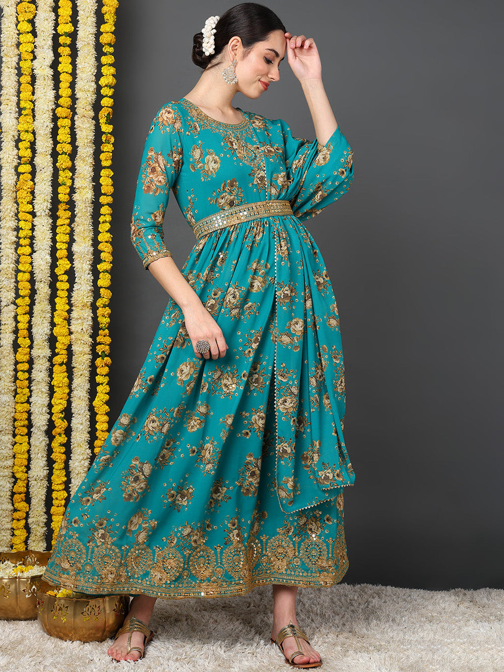 ZERESOUQ-Teal-Green-Georgette-Floral-Printed-3-Piece-Anarkali-Set