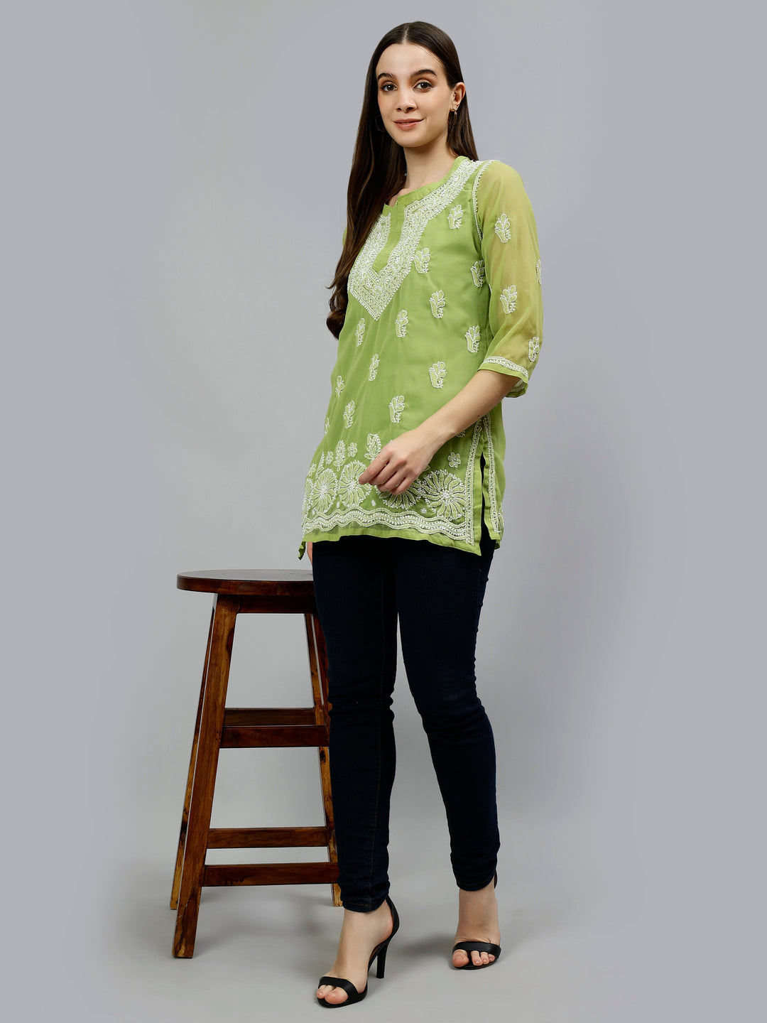 Green Georgette Lucknowi Chikankari Short Tunic with Slip