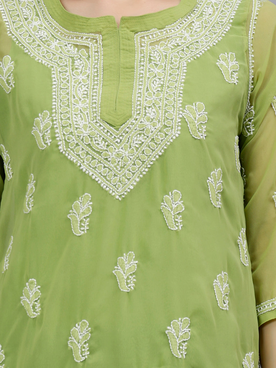 Green Georgette Lucknowi Chikankari Short Tunic with Slip